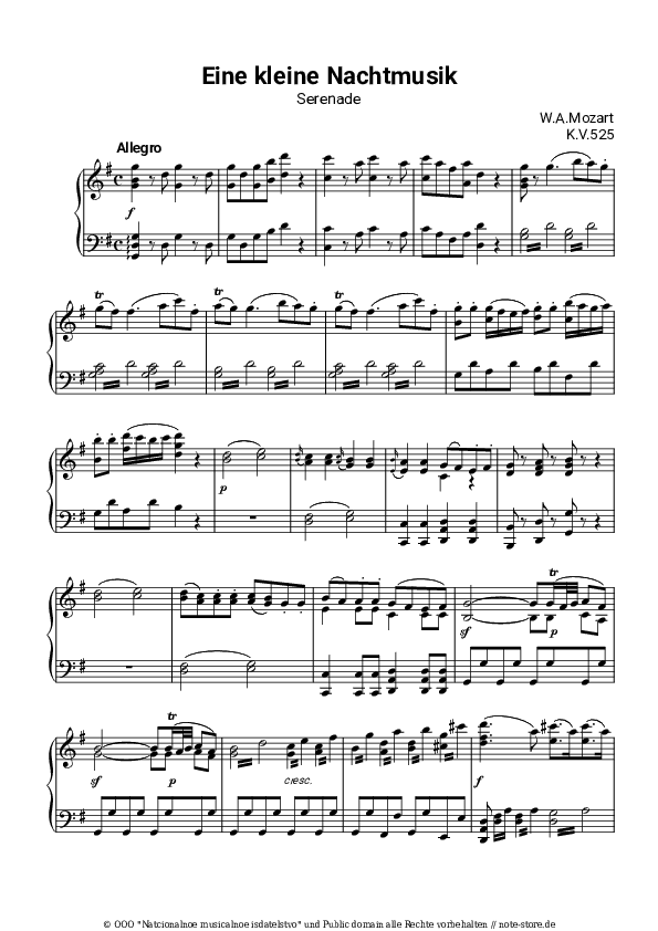 Noten Wolfgang Amadeus Mozart - Serenade No. 13 in G Major, K. 525, (Eine kleine Nachtmusik), I. Allegro - Klavier.Solo