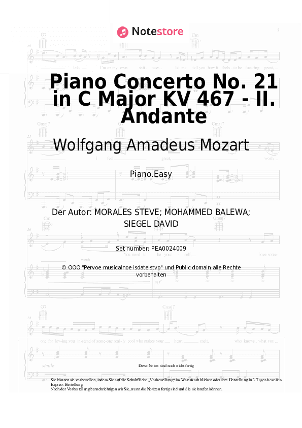 Einfache Noten Wolfgang Amadeus Mozart - Piano Concerto No. 21 in C Major KV 467 - II. Andante - Klavier.Einfach