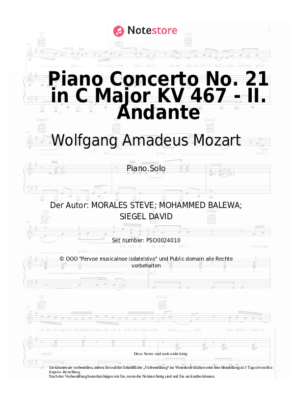 Noten Wolfgang Amadeus Mozart - Piano Concerto No. 21 in C Major KV 467 - II. Andante - Klavier.Solo