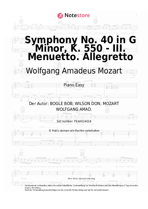 Einfache Noten Wolfgang Amadeus Mozart - Symphony No. 40 in G Minor, K. 550 - III. Menuetto. Allegretto - Klavier.Einfach