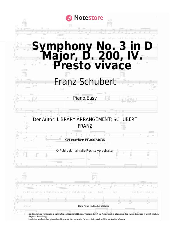 Einfache Noten Franz Schubert - Symphony No. 3 in D Major, D. 200: IV. Presto vivace - Klavier.Einfach