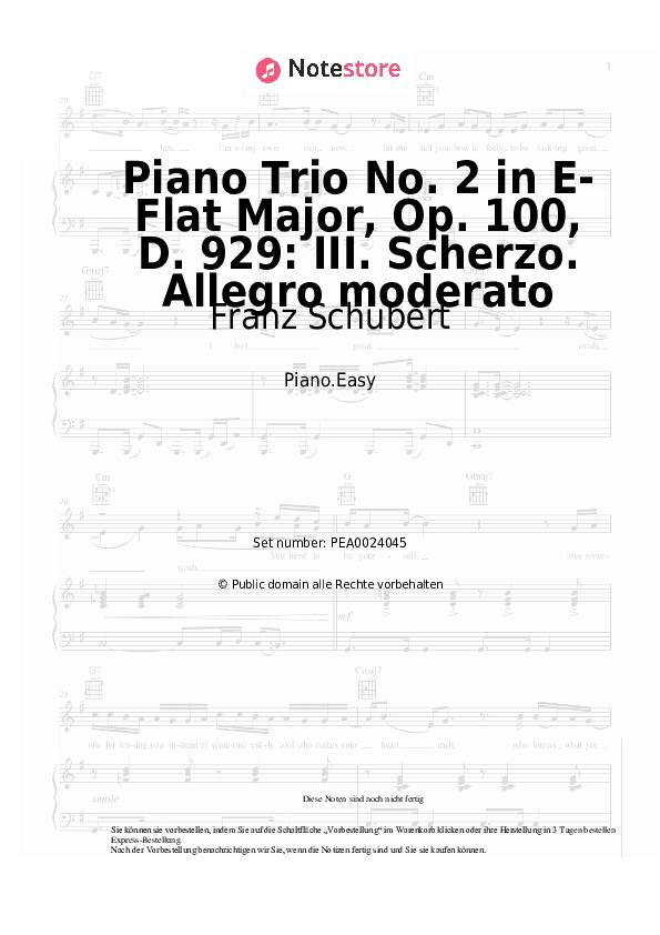 Einfache Noten Franz Schubert - Piano Trio No. 2 in E-Flat Major, Op. 100, D. 929: III. Scherzo. Allegro moderato - Klavier.Einfach