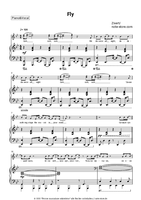 Noten mit Gesang Zivert - Fly - Klavier&Gesang