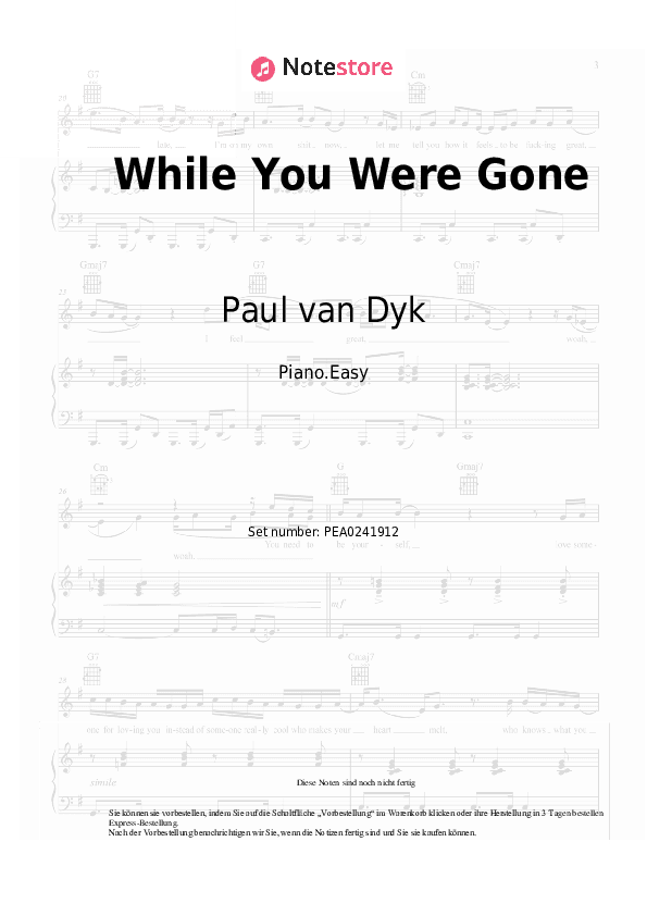 Einfache Noten Paul van Dyk, Vincent Corver - While You Were Gone - Klavier.Einfach