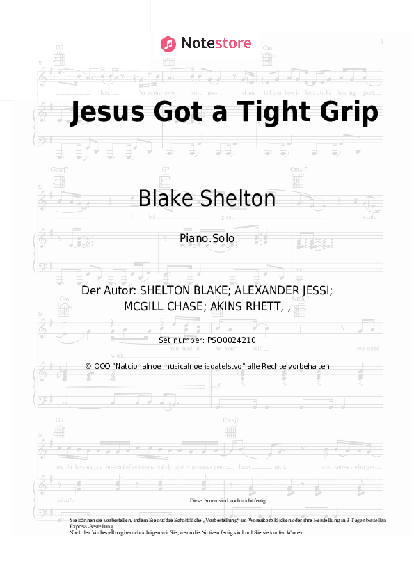 Noten Blake Shelton - Jesus Got a Tight Grip - Klavier.Solo