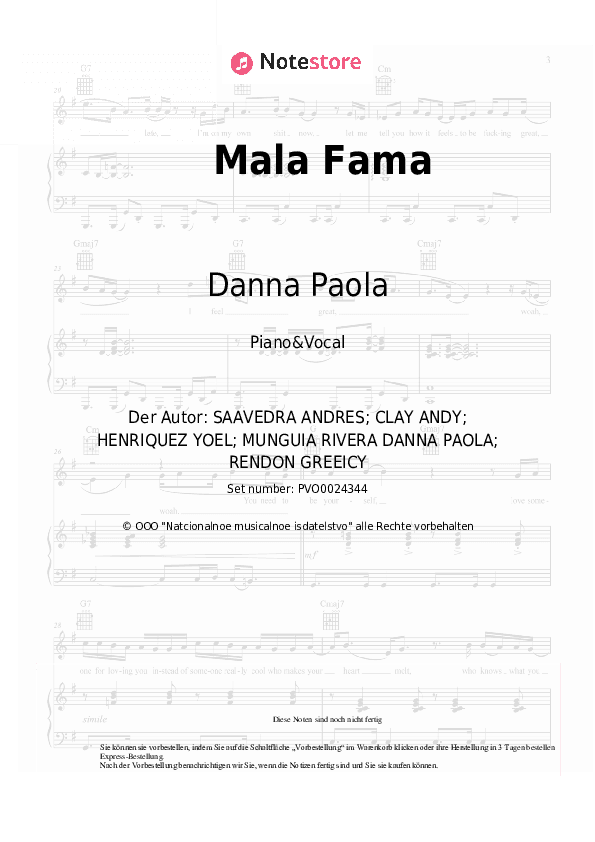 Noten mit Gesang Danna Paola - Mala Fama - Klavier&Gesang