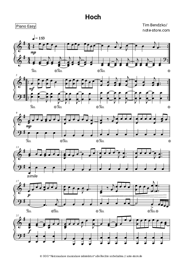 Einfache Noten Tim Bendzko - Hoch - Klavier.Einfach