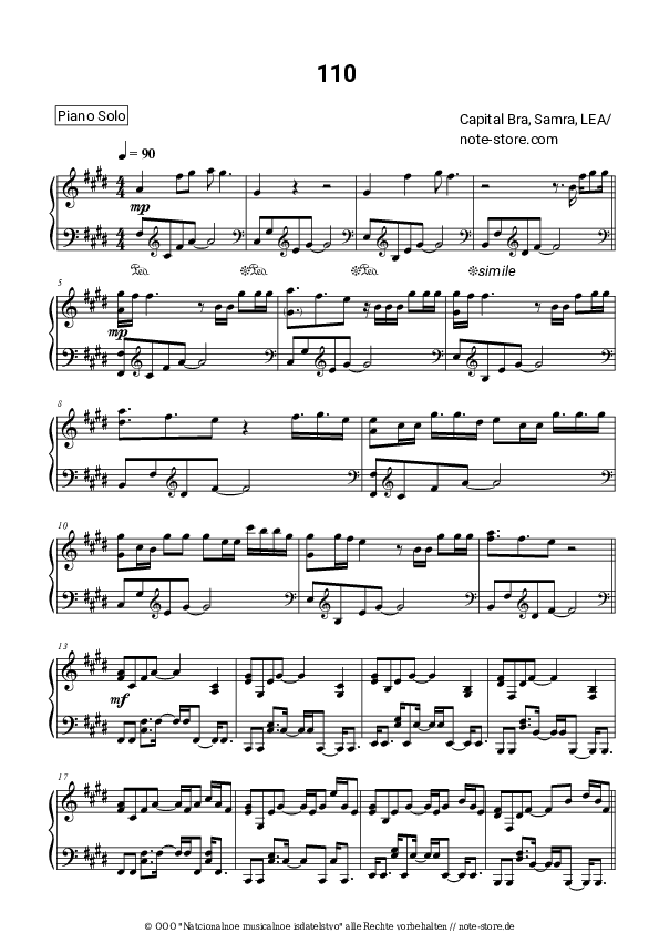 Noten Capital Bra, Samra, LEA - 110 - Klavier.Solo