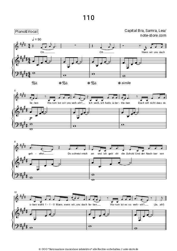 Noten mit Gesang Capital Bra, Samra, LEA - 110 - Klavier&Gesang