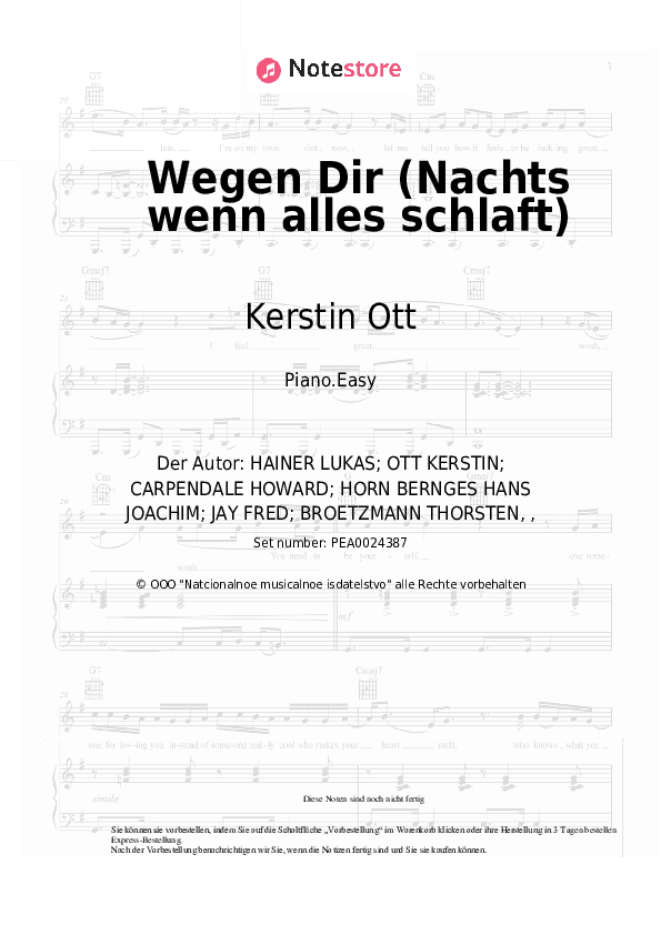 Einfache Noten Kerstin Ott - Wegen Dir (Nachts wenn alles schlaft) - Klavier.Einfach
