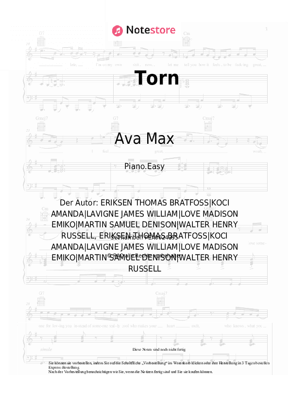 Einfache Noten Ava Max - Torn - Klavier.Einfach