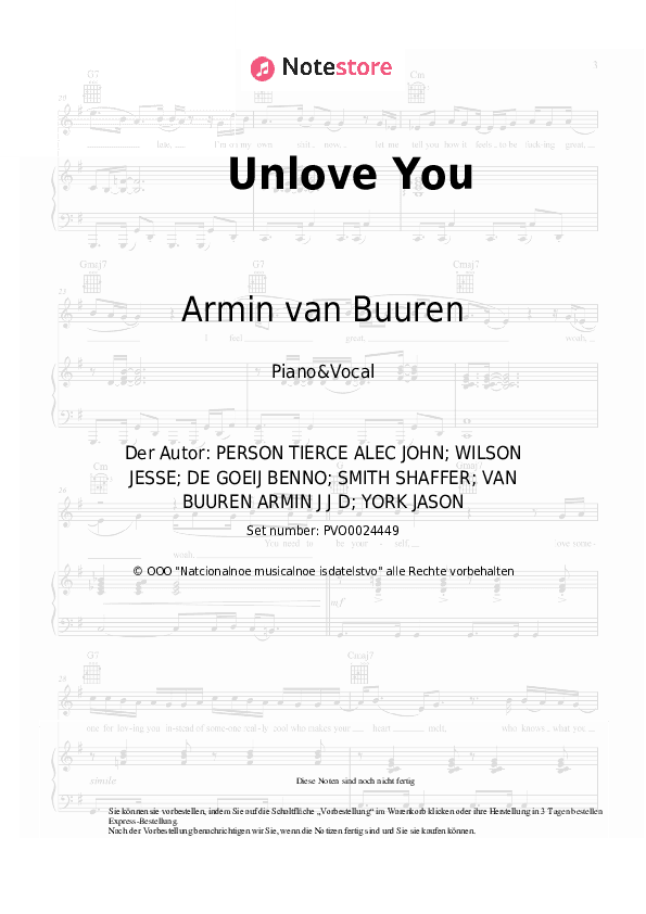 Noten mit Gesang Armin van Buuren, Ne-Yo - Unlove You - Klavier&Gesang