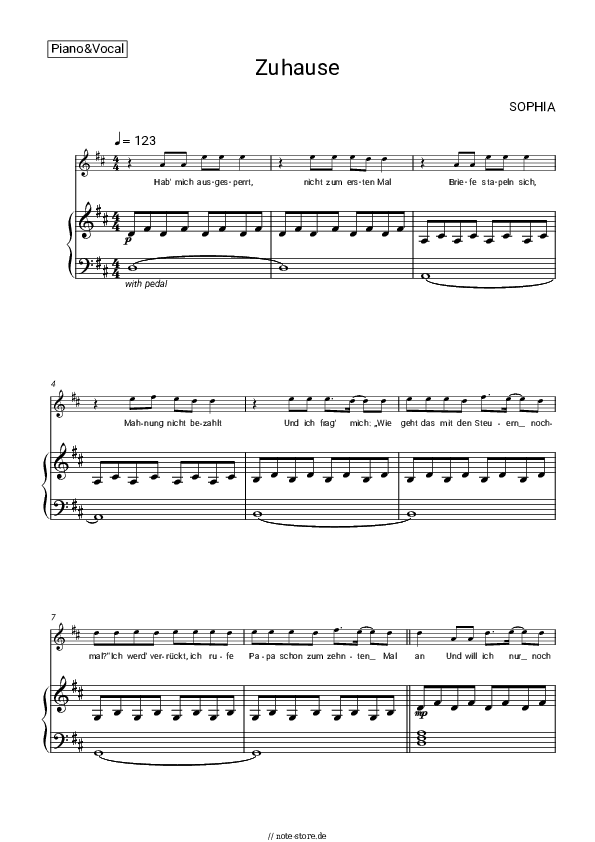 Noten mit Gesang SOPHIA - Zuhause - Klavier&Gesang