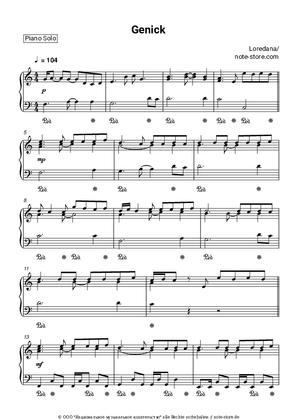 Noten Loredana - Genick - Klavier.Solo