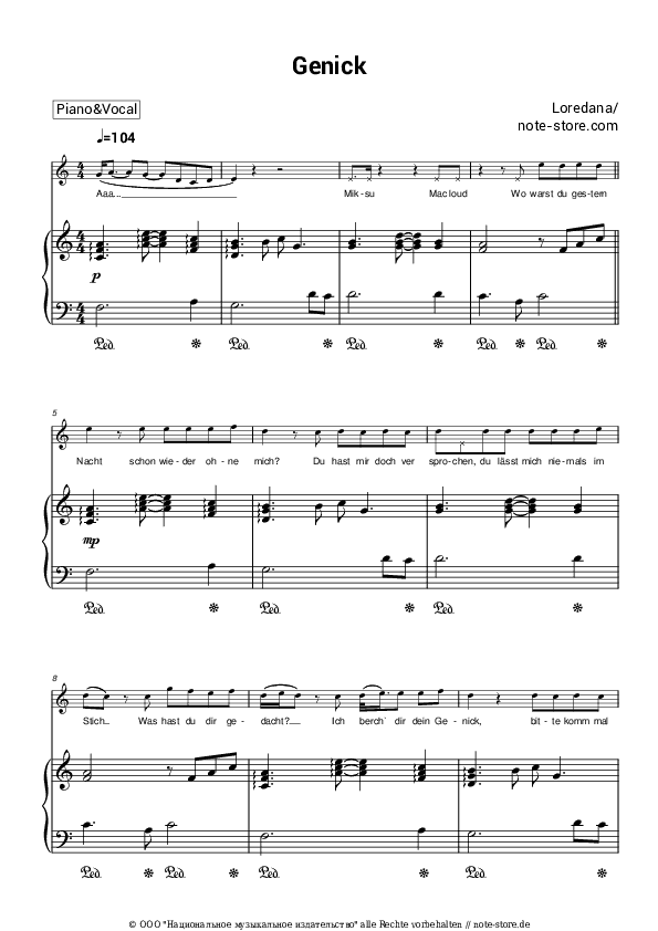 Noten mit Gesang Loredana - Genick - Klavier&Gesang