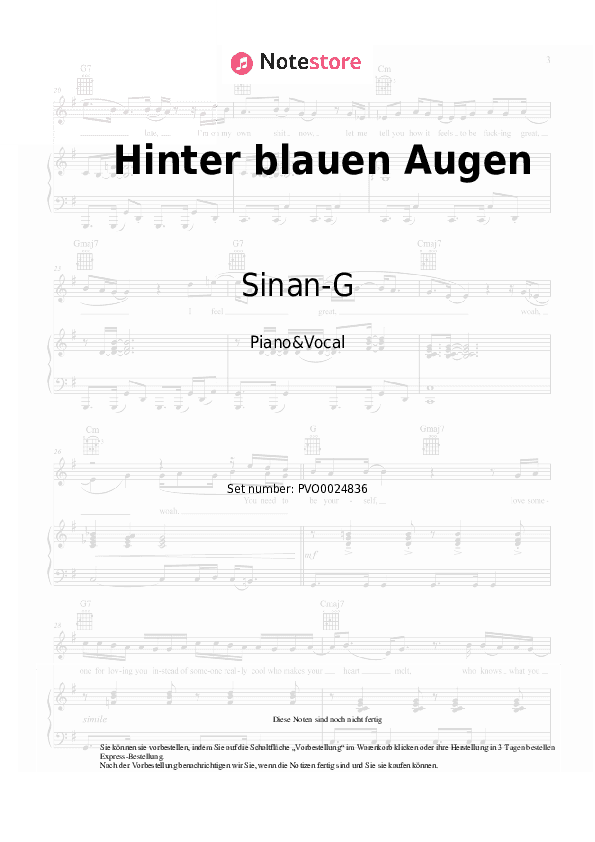 Noten mit Gesang Sinan-G - Hinter blauen Augen - Klavier&Gesang