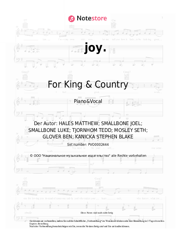 Noten mit Gesang For King & Country - joy. - Klavier&Gesang