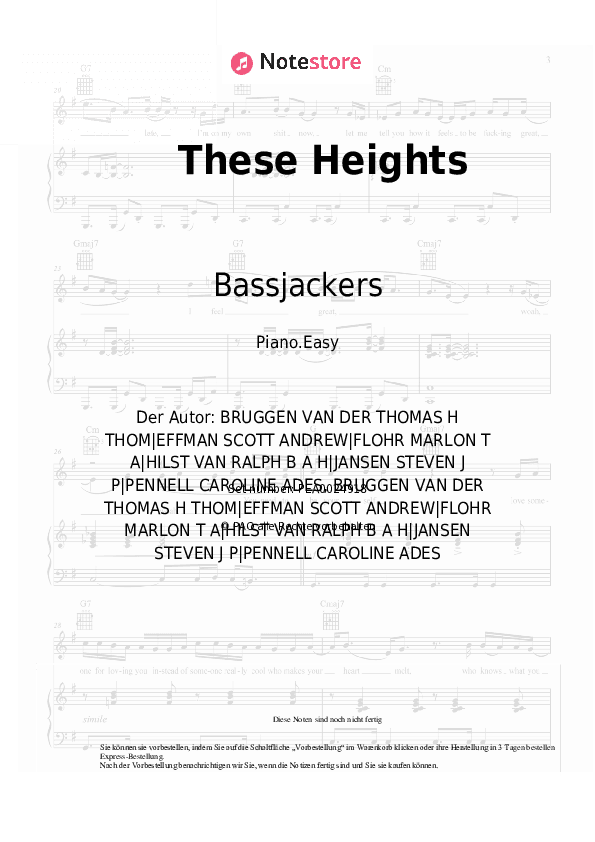 Einfache Noten Bassjackers, Lucas & Steve, Caroline Pennell - These Heights - Klavier.Einfach
