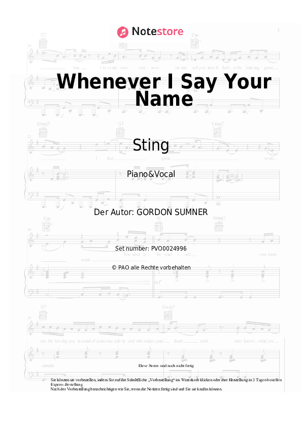 Noten mit Gesang Sting - Whenever I Say Your Name - Klavier&Gesang