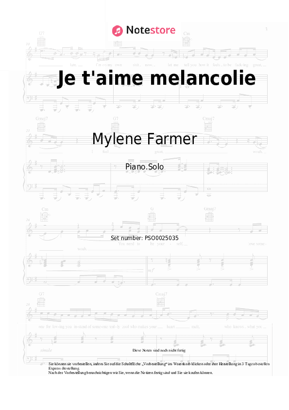Noten Mylene Farmer - Je t'aime melancolie - Klavier.Solo