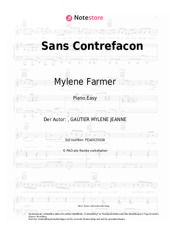 Einfache Noten Mylene Farmer - Sans Contrefacon - Klavier.Einfach