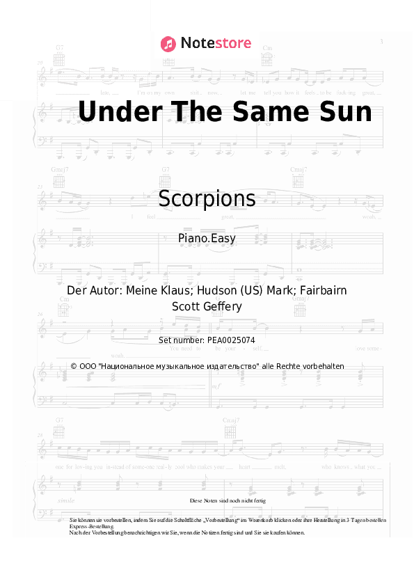 Einfache Noten Scorpions - Under The Same Sun - Klavier.Einfach