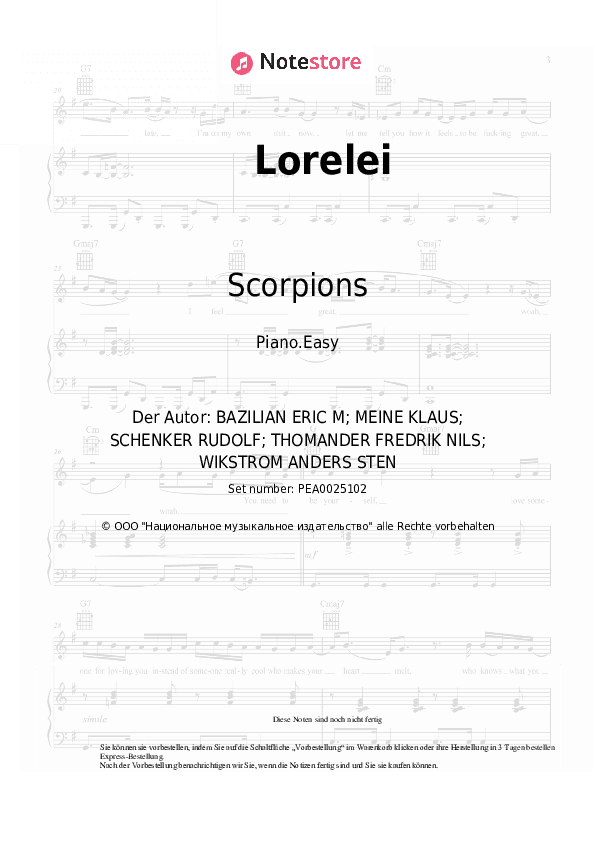Einfache Noten Scorpions - Lorelei - Klavier.Einfach