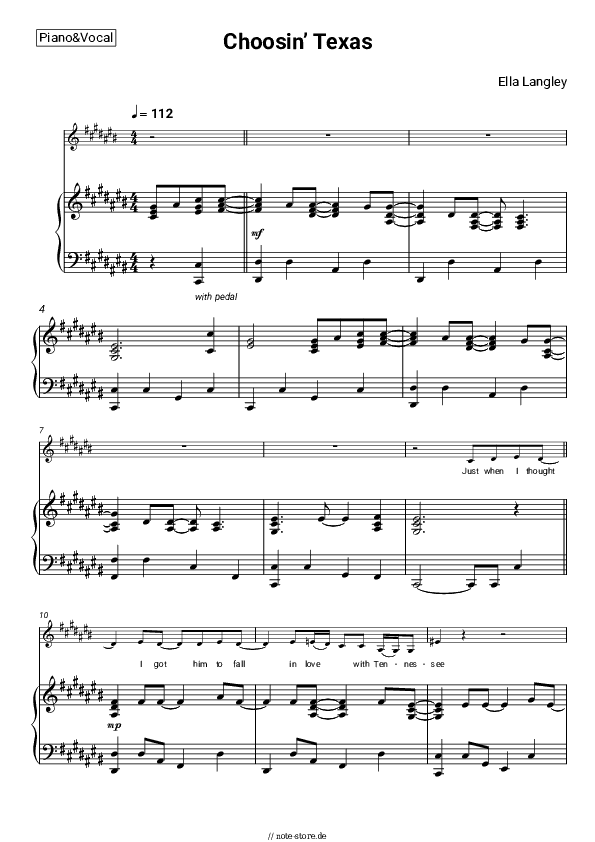 Noten mit Gesang Ella Langley - Choosin’ Texas - Klavier&Gesang
