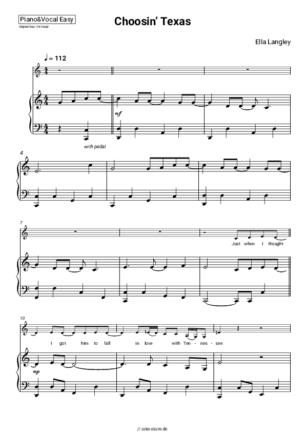 Einfache Noten Ella Langley - Choosin’ Texas - Klavier&Gesang.Einfach