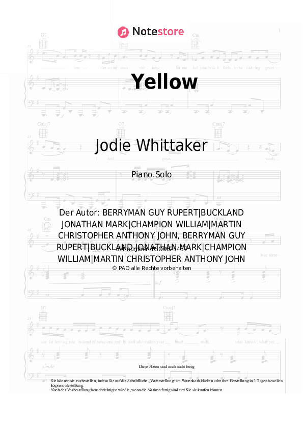 Noten Jodie Whittaker - Yellow - Klavier.Solo