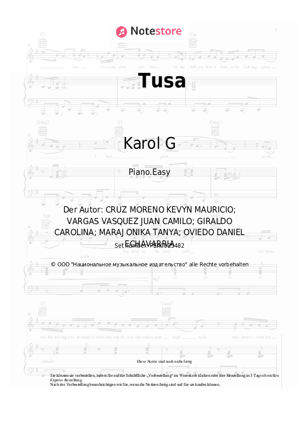 Einfache Noten Karol G, Nicki Minaj - Tusa - Klavier.Einfach