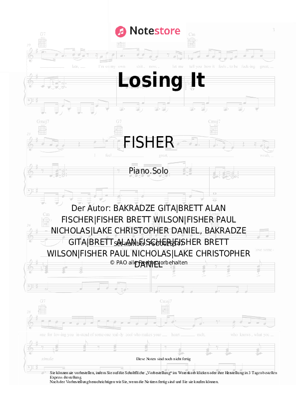 Noten FISHER - Losing It - Klavier.Solo