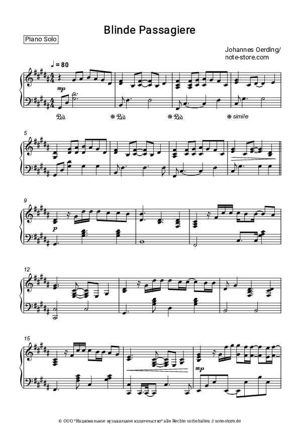 Noten Johannes Oerding - Blinde Passagiere - Klavier.Solo