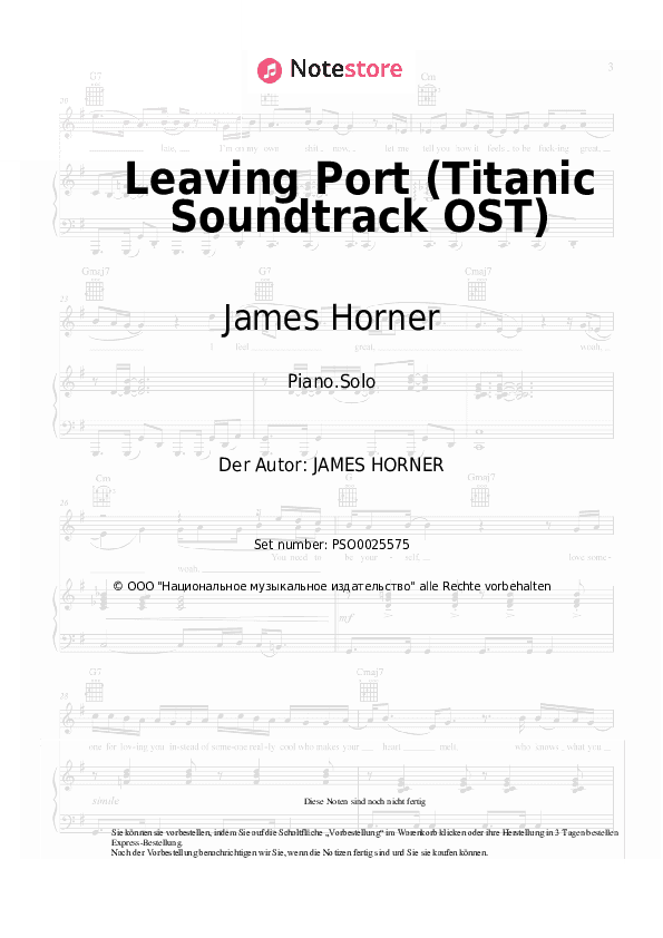 Noten James Horner - Leaving Port (Titanic Soundtrack OST) - Klavier.Solo