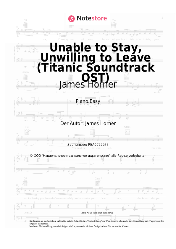 Einfache Noten James Horner - Unable to Stay, Unwilling to Leave (Titanic Soundtrack OST) - Klavier.Einfach