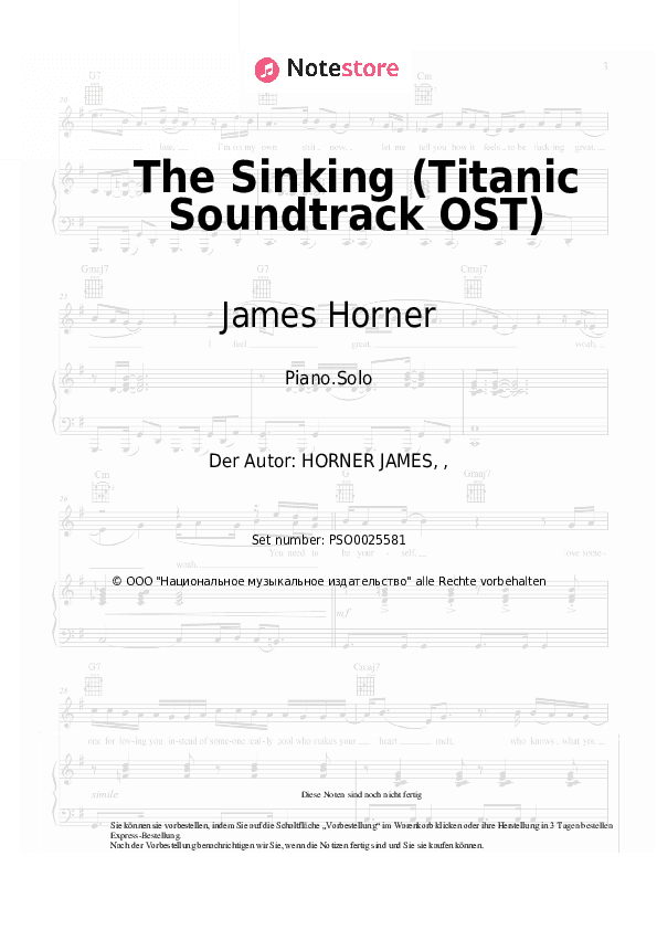 Noten James Horner - The Sinking (Titanic Soundtrack OST) - Klavier.Solo