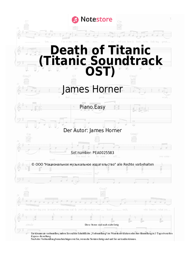 Einfache Noten James Horner - Death of Titanic (Titanic Soundtrack OST) - Klavier.Einfach
