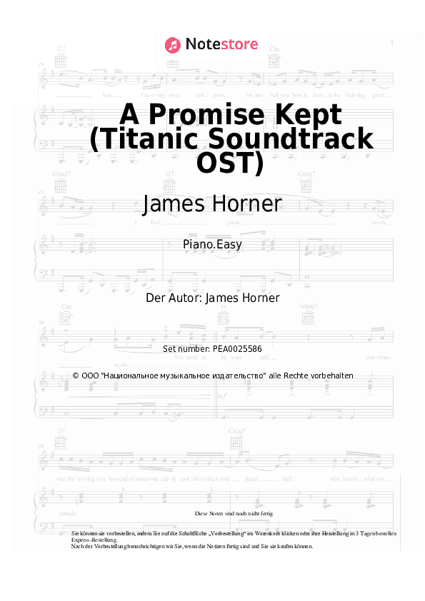 Einfache Noten James Horner - A Promise Kept (Titanic Soundtrack OST) - Klavier.Einfach