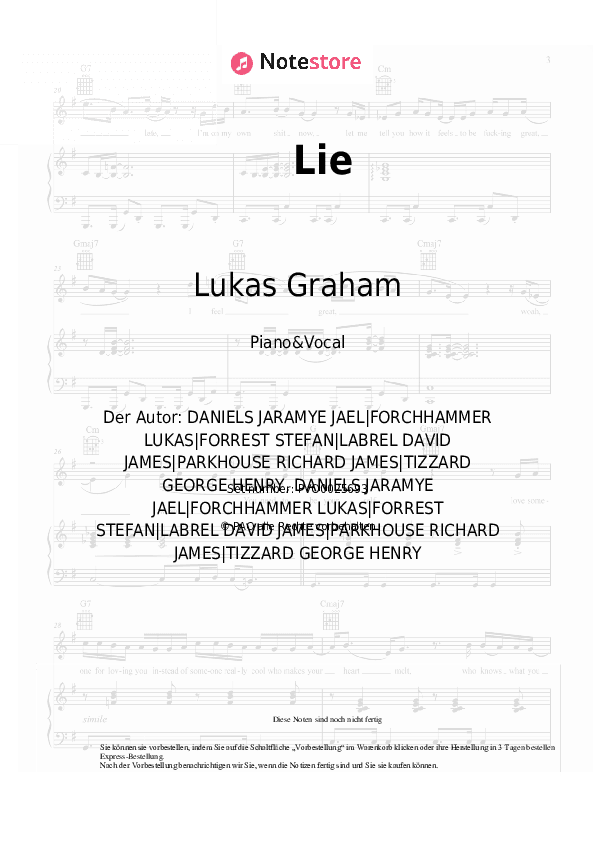 Noten mit Gesang Lukas Graham - Lie - Klavier&Gesang