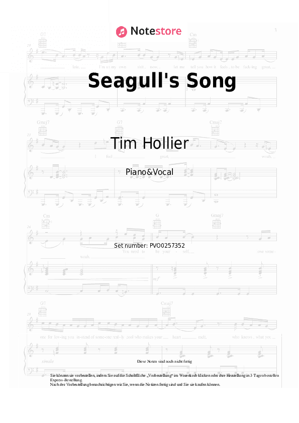 Noten mit Gesang Tim Hollier - Seagull's Song - Klavier&Gesang