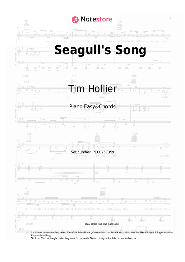 Einfache Noten und Akkorde Tim Hollier - Seagull's Song - Klavier.Einfach&Akkorde