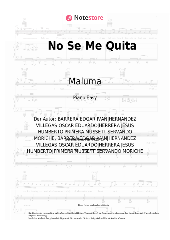 Einfache Noten Maluma, Ricky Martin - No Se Me Quita - Klavier.Einfach