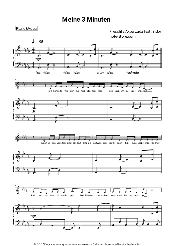 Noten mit Gesang Freschta Akbarzada, Sido - Meine 3 Minuten - Klavier&Gesang