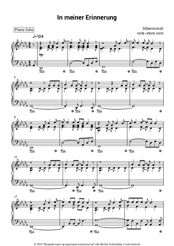 Noten Silbermond - In meiner Erinnerung - Klavier.Solo