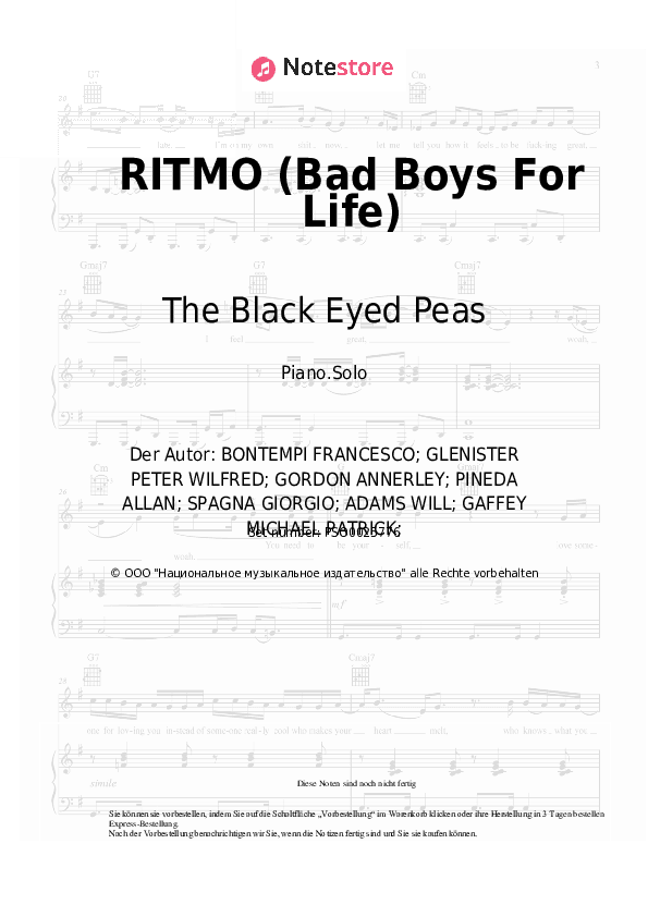 Noten The Black Eyed Peas, J Balvin - RITMO (Bad Boys For Life) - Klavier.Solo