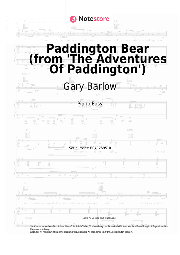 Einfache Noten Gary Barlow - Paddington Bear (from 'The Adventures Of Paddington') - Klavier.Einfach