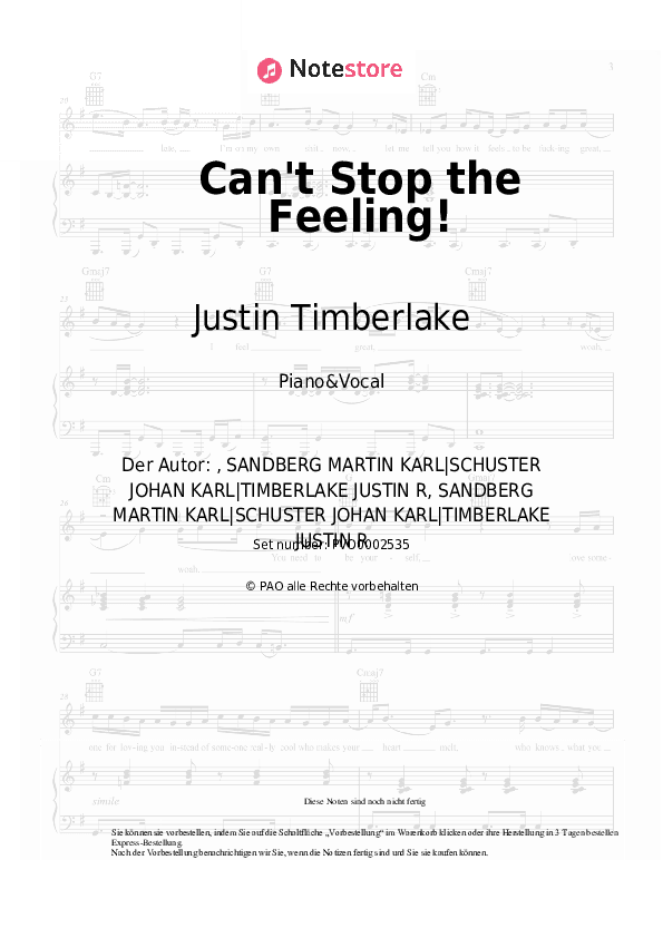 Noten mit Gesang Justin Timberlake - Can't Stop the Feeling! - Klavier&Gesang