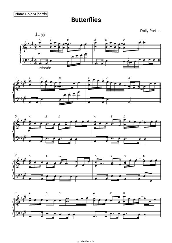 Noten und Akkorde Dolly Parton - Butterflies - Klavier.Solo&Akkorde