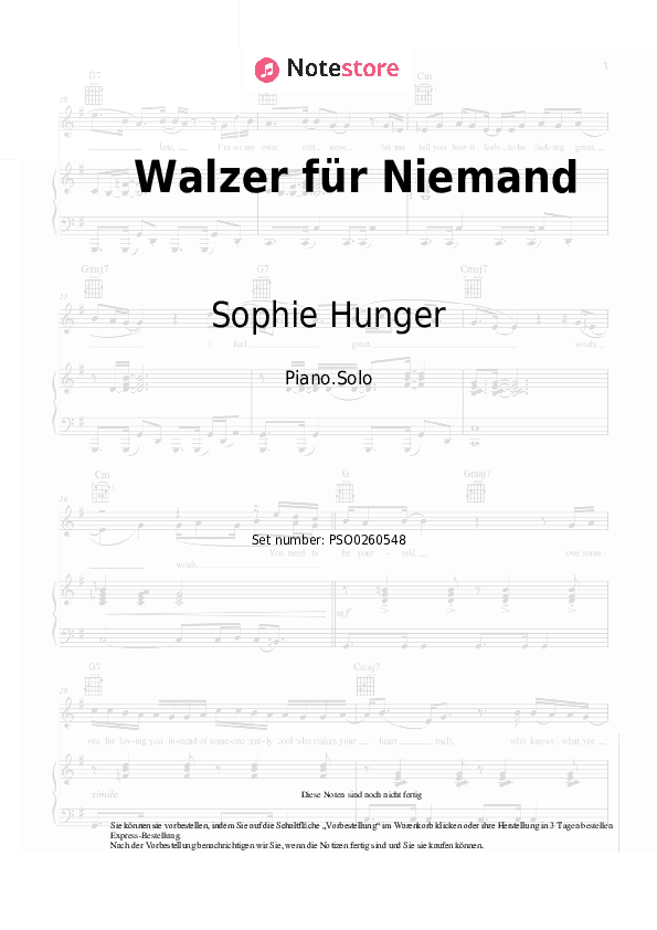Noten Sophie Hunger - Walzer für Niemand - Klavier.Solo