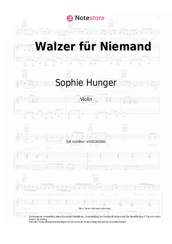 Noten Sophie Hunger - Walzer für Niemand - Violine